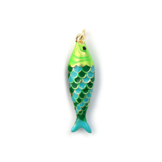 Immagine di 1 Pz Ecologico Ottone Gioielli Oceanici Ciondoli Pendenti 18K Vero Oro Placcato Verde Smalto Pesce 3D 3.6cm x 0.9cm