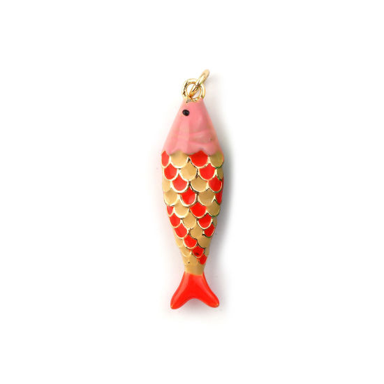 Immagine di 1 Pz Ecologico Ottone Gioielli Oceanici Ciondoli Pendenti 18K Vero Oro Placcato Rosso Smalto Pesce 3D 3.6cm x 0.9cm