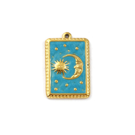 Изображение 1 ШТ Экологичное вакуумное PVD-покрытие 304 Нержавеющая Сталь галактика Подвески 18K позолоченный Синий С Эмалью Прямоугольник Солнце Луна 25мм x 16.5мм
