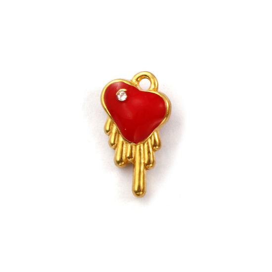 Immagine di 1 Pz Placcatura Sottovuoto PVD Ecologica 304 Acciaio Inossidabile San Valentino Ciondoli Placcato Oro 18K Rosso Cuore Smalto a Doppia Faccia Trasparente Cubic Zirconiae 14mm x 8mm