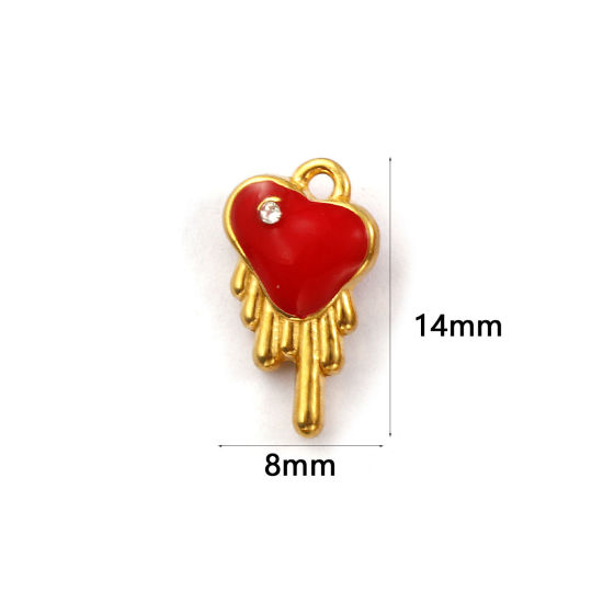 Immagine di 1 Pz Placcatura Sottovuoto PVD Ecologica 304 Acciaio Inossidabile San Valentino Ciondoli Placcato Oro 18K Rosso Cuore Smalto a Doppia Faccia Trasparente Cubic Zirconiae 14mm x 8mm