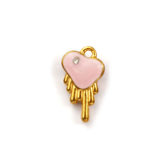 Immagine di 1 Pz Placcatura Sottovuoto PVD Ecologica 304 Acciaio Inossidabile San Valentino Ciondoli Placcato Oro 18K Rosa Cuore Smalto a Doppia Faccia Trasparente Cubic Zirconiae 14mm x 8mm