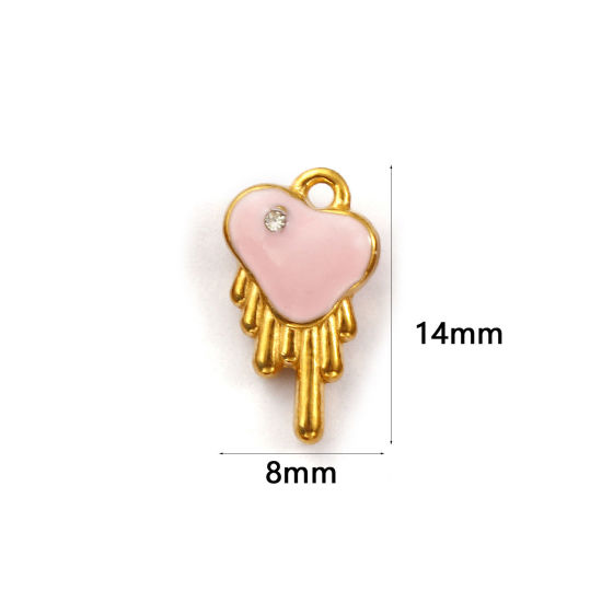 Immagine di 1 Pz Placcatura Sottovuoto PVD Ecologica 304 Acciaio Inossidabile San Valentino Ciondoli Placcato Oro 18K Rosa Cuore Smalto a Doppia Faccia Trasparente Cubic Zirconiae 14mm x 8mm
