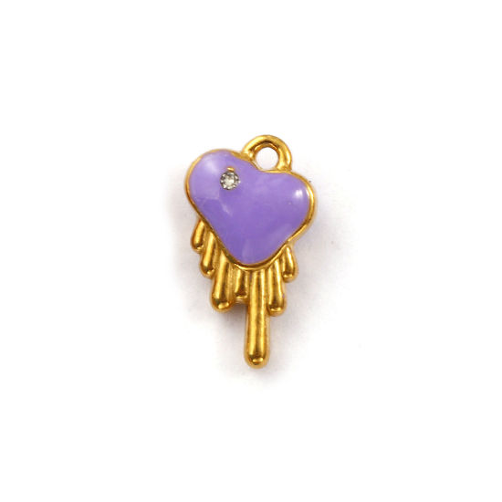 Immagine di 1 Pz Placcatura Sottovuoto PVD Ecologica 304 Acciaio Inossidabile San Valentino Ciondoli Placcato Oro 18K Colore Viola Cuore Smalto a Doppia Faccia Trasparente Cubic Zirconiae 14mm x 8mm