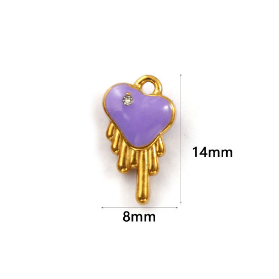 Immagine di 1 Pz Placcatura Sottovuoto PVD Ecologica 304 Acciaio Inossidabile San Valentino Ciondoli Placcato Oro 18K Colore Viola Cuore Smalto a Doppia Faccia Trasparente Cubic Zirconiae 14mm x 8mm