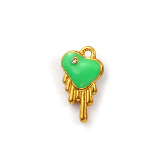 Immagine di 1 Pz Placcatura Sottovuoto PVD Ecologica 304 Acciaio Inossidabile San Valentino Ciondoli Placcato Oro 18K Verde Cuore Smalto a Doppia Faccia Trasparente Cubic Zirconiae 14mm x 8mm