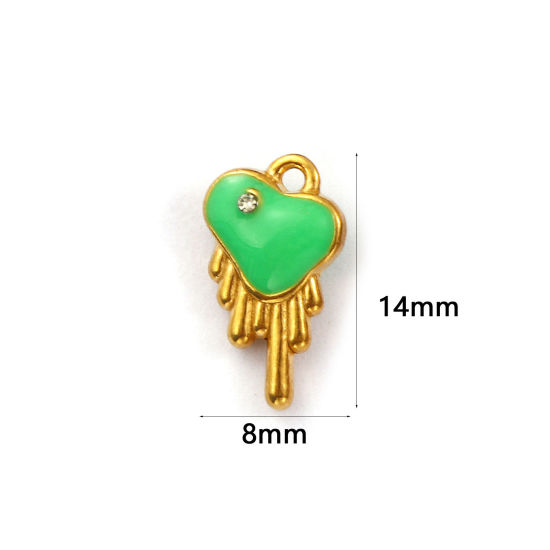 Immagine di 1 Pz Placcatura Sottovuoto PVD Ecologica 304 Acciaio Inossidabile San Valentino Ciondoli Placcato Oro 18K Verde Cuore Smalto a Doppia Faccia Trasparente Cubic Zirconiae 14mm x 8mm