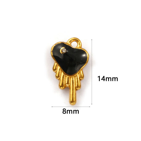 Immagine di 1 Pz Placcatura Sottovuoto PVD Ecologica 304 Acciaio Inossidabile San Valentino Ciondoli Placcato Oro 18K Nero Cuore Smalto a Doppia Faccia Trasparente Cubic Zirconiae 14mm x 8mm