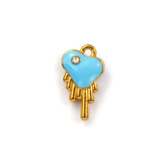 Immagine di 1 Pz Placcatura Sottovuoto PVD Ecologica 304 Acciaio Inossidabile San Valentino Ciondoli Placcato Oro 18K Blu Cuore Smalto a Doppia Faccia Trasparente Cubic Zirconiae 14mm x 8mm