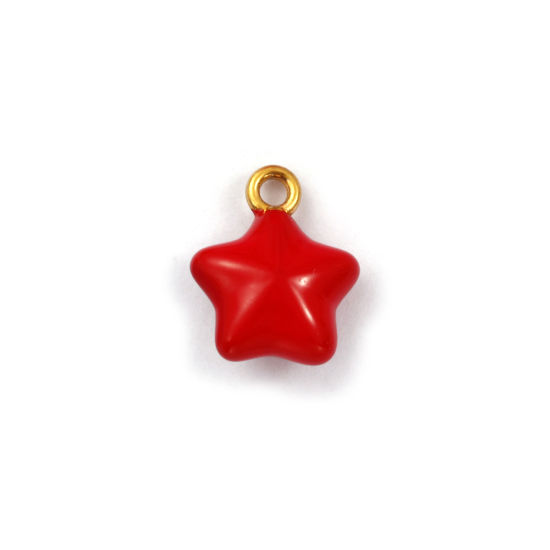 Immagine di 1 Pz Placcatura Sottovuoto PVD Ecologica 304 Acciaio Inossidabile Galassia Ciondoli Placcato Oro 18K Rosso Smalto Stella a Cinque Punte 3D 14mm x 11mm