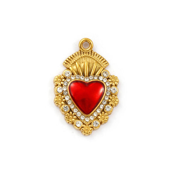 Изображение 1 ШТ Экологичное вакуумное PVD-покрытие 304 Нержавеющая Сталь религия Подвески 18K позолоченный Красный С Эмалью Экс Вото Сердце Бижутерия усыпанная мелким фианит Прозрачный Искусственный Циркон 25мм x 17мм