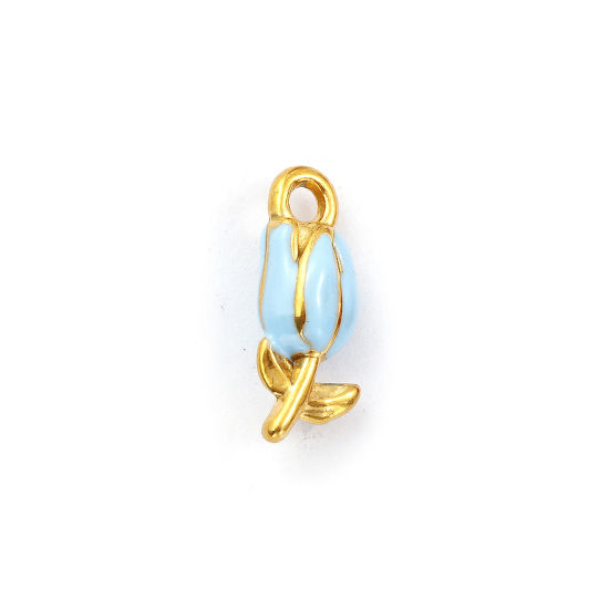 Изображение 1 ШТ Экологичное вакуумное PVD-покрытие 304 Нержавеющая Сталь Подвески 18K позолоченный Синий С Эмалью Тюльпан цветок Трехмерный 20мм x 8мм