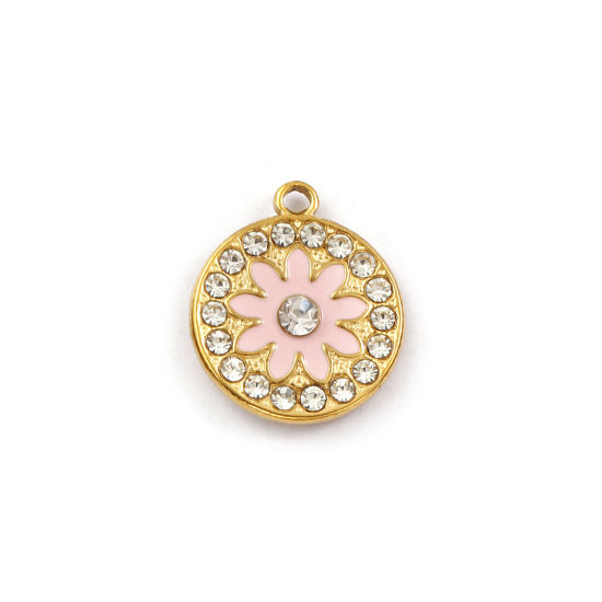 Изображение 1 ШТ Экологичное вакуумное PVD-покрытие 304 Нержавеющая Сталь Подвески 18K позолоченный Розовый С Эмалью Круглые Цветок Бижутерия усыпанная мелким фианит Прозрачный Искусственный Циркон 20мм x 17мм