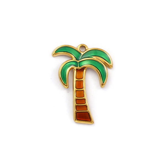 Изображение 1 ШТ Экологичное вакуумное PVD-покрытие 304 Нержавеющая Сталь Подвески 18K позолоченный Зеленый С Эмалью Кокосовая пальма 26мм x 20мм