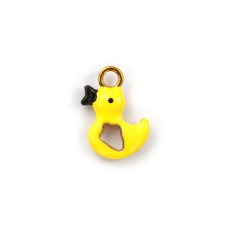 Picture of 1 Piece Eco-friendly PVD Vacuum Plating 304 Stainless Steel Charms 18K Gold Plated Yellow Enamel Duck Animal 3D 19mm x 14mm