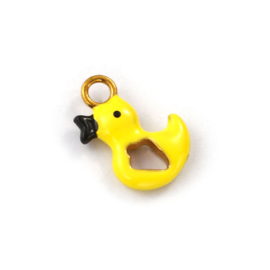 Image de 1 Pièce Breloques en 304 Acier Inoxydable Revêtement sous Vide PVD Respectueux de l'Environnement Plaqué Or 18K Jaune Émail Canard 3D 19mm x 14mm