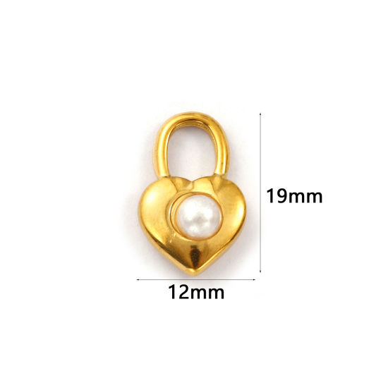 Изображение 2 ШТ Экологичное вакуумное PVD-покрытие 304 Нержавеющая Сталь День святого Валентина Подвески 18K позолоченный Белый Сердце Замок С Исскуственными Жемчугами 19мм x 12мм