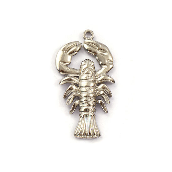 Immagine di 2 Pz Placcatura Sottovuoto PVD Ecologica 304 Acciaio Inossidabile Gioielli Oceanici Ciondoli Pendenti Tono Argento Aragosta 3.9cm x 2.1cm