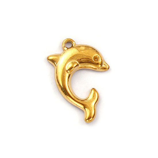 Immagine di 2 Pz Placcatura Sottovuoto PVD Ecologica 304 Acciaio Inossidabile Gioielli Oceanici Ciondoli Placcato Oro 18K Delfino 21mm x 15mm