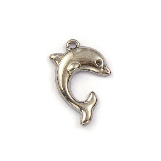 Immagine di 2 Pz Placcatura Sottovuoto PVD Ecologica 304 Acciaio Inossidabile Gioielli Oceanici Ciondoli Tono Argento Delfino 21mm x 15mm