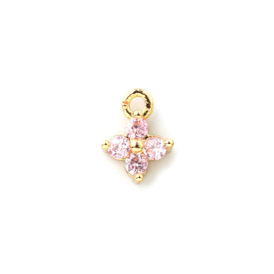 Immagine di 5 Pz Ottone Mini Ciondoli Placcato Oro 18K Fiore Micro Spianare Rosa Cubic Zirconiae 8mm x 6mm