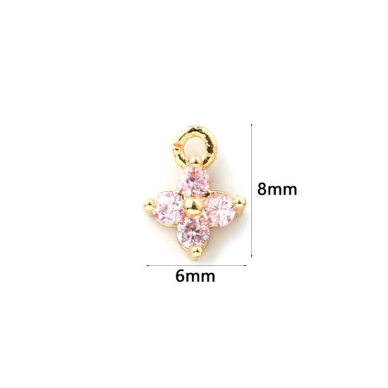 Immagine di 5 Pz Ottone Mini Ciondoli Placcato Oro 18K Fiore Micro Spianare Rosa Cubic Zirconiae 8mm x 6mm