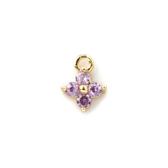 Immagine di 5 Pz Ottone Mini Ciondoli Placcato Oro 18K Fiore Micro Spianare Viola Cubic Zirconiae 8mm x 6mm