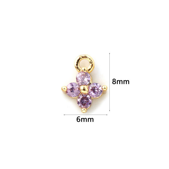 Immagine di 5 Pz Ottone Mini Ciondoli Placcato Oro 18K Fiore Micro Spianare Viola Cubic Zirconiae 8mm x 6mm