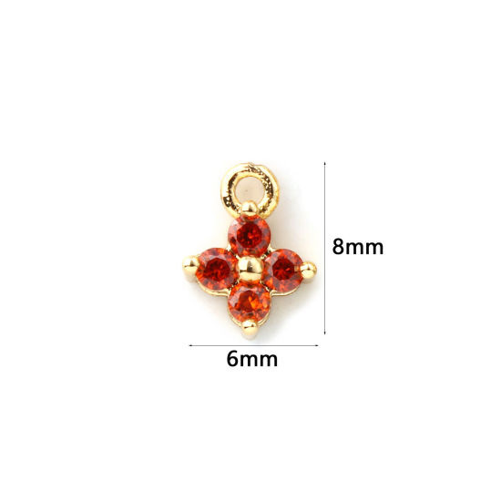 Immagine di 5 Pz Ottone Mini Ciondoli Placcato Oro 18K Fiore Micro Spianare Rosso Cubic Zirconiae 8mm x 6mm