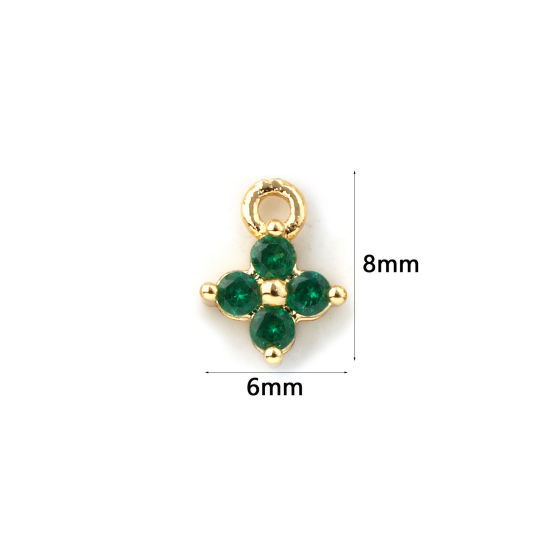 Immagine di 5 Pz Ottone Mini Ciondoli Placcato Oro 18K Fiore Micro Spianare Verde Cubic Zirconiae 8mm x 6mm