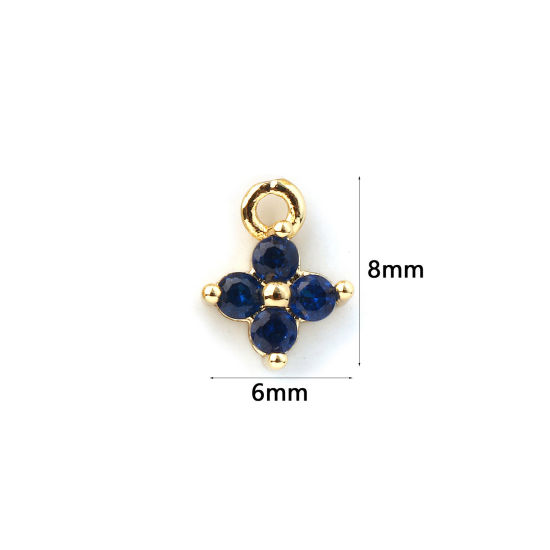 Immagine di 5 Pz Ottone Mini Ciondoli Placcato Oro 18K Fiore Micro Spianare Blu Scuro Cubic Zirconiae 8mm x 6mm