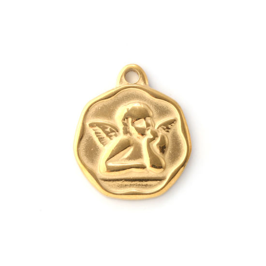 Изображение 2 ШТ Экологичное вакуумное PVD-покрытие 304 Нержавеющая Сталь религия Подвески 18K настоящее золото с покрытием Диск Ангел 21мм x 18мм