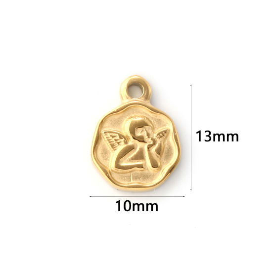 Изображение 2 ШТ Экологичное вакуумное PVD-покрытие 304 Нержавеющая Сталь религия Подвески 18K настоящее золото с покрытием Диск Ангел 13мм x 10мм