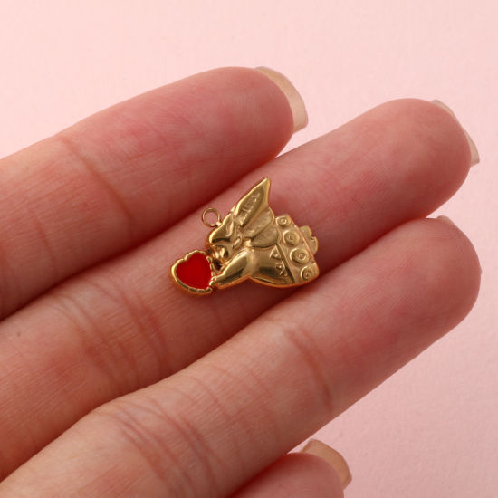 Изображение 1 ШТ Экологичное вакуумное PVD-покрытие 304 Нержавеющая Сталь религия Подвески 18K настоящее золото с покрытием Красный С Эмалью Ангел Сердце 15мм x 13мм