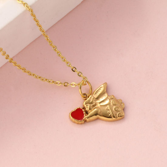 Изображение 1 ШТ Экологичное вакуумное PVD-покрытие 304 Нержавеющая Сталь религия Подвески 18K настоящее золото с покрытием Красный С Эмалью Ангел Сердце 15мм x 13мм