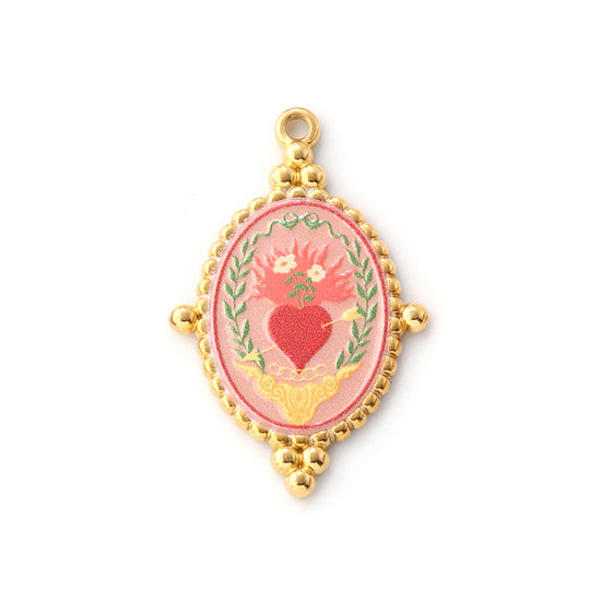Immagine di 1 Pz Placcatura Sottovuoto PVD Ecologica 304 Acciaio Inossidabile Religione Ciondoli Pendenti 18K Vero Oro Placcato Rosa Ovale Ex Voto Cuore Stampato 3.2cm x 2.1cm