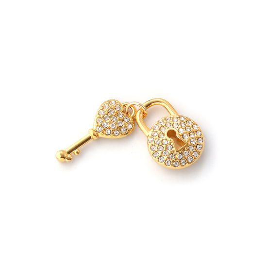 Immagine di 1 Pz Placcatura Sottovuoto PVD Ecologica 304 Acciaio Inossidabile San Valentino Ciondoli 18K Vero Oro Placcato Serratura ＆ Chiave Cuore Micro Spianare Trasparente Cubic Zirconiae 19mm
