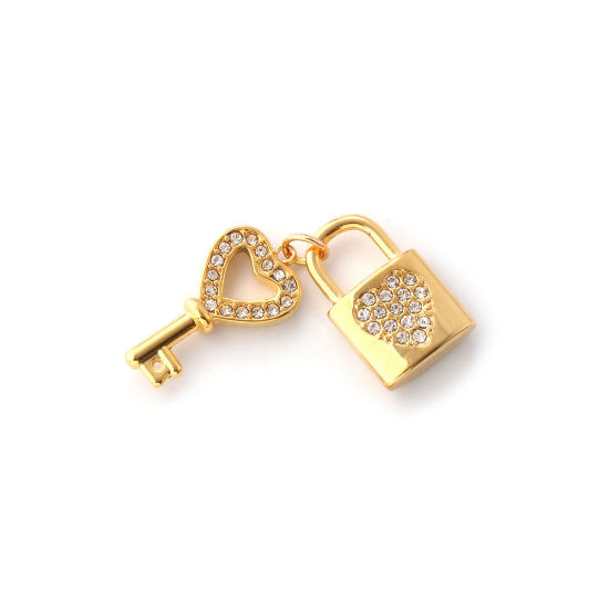 Immagine di 1 Pz Placcatura Sottovuoto PVD Ecologica 304 Acciaio Inossidabile San Valentino Ciondoli 18K Vero Oro Placcato Serratura ＆ Chiave Cuore Micro Spianare Trasparente Cubic Zirconiae 19mm