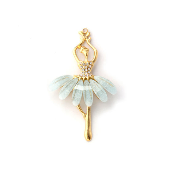 Изображение 1 ШТ Экологичное вакуумное PVD-покрытие 304 Нержавеющая Сталь & Акрил Подвески 18K настоящее золото с покрытием Светло-синий Балерина С Блестками Прозрачный Искусственный Циркон 4.9см x 2.9см