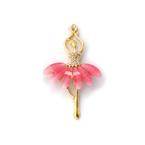 Изображение 1 ШТ Экологичное вакуумное PVD-покрытие 304 Нержавеющая Сталь & Акрил Подвески 18K настоящее золото с покрытием Ярко-розовый Балерина С Блестками Прозрачный Искусственный Циркон 4.9см x 2.9см