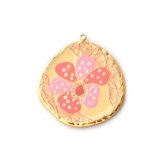 Bild von 1 Stück Umweltfreundliche PVD-Vakuumbeschichtung 304 Edelstahl Anhänger 18K Echtgold plattiert Beige Disc Blumen Gedruckt 3.2cm x 2.9cm