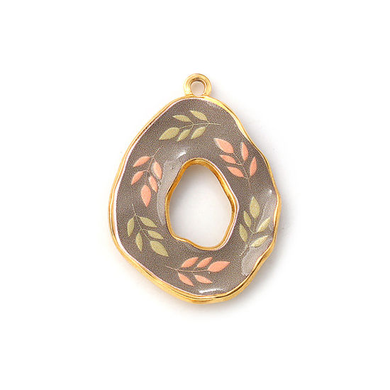 Bild von 1 Stück Umweltfreundliche PVD-Vakuumbeschichtung 304 Edelstahl Anhänger 18K Echtgold plattiert Kaffeebraun Tropfen Blätter Gedruckt 3.5cm x 2.5cm