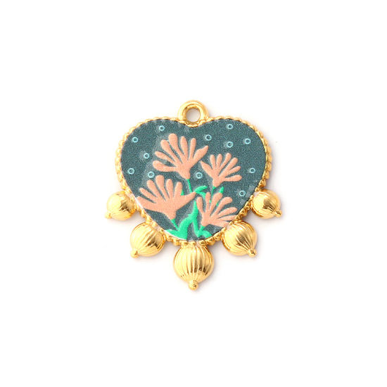 Immagine di 1 Pz Placcatura Sottovuoto PVD Ecologica 304 Acciaio Inossidabile San Valentino Ciondoli 18K Vero Oro Placcato Multicolore Cuore Fiore Stampato 26mm x 23mm