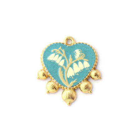 Picture of 1 Piece Eco-friendly PVD Vacuum Plating Waterproof Anti-Tarnish Hypoallergenic 304 Stainless Steel Valentine's Day Charms 18K Real Gold Plated Multicolor Heart Lily Of The Valley Flower Printed 26mm x 23mm