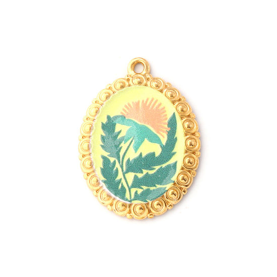 Immagine di 1 Pz Placcatura Sottovuoto PVD Ecologica 304 Acciaio Inossidabile Ciondoli Pendenti 18K Vero Oro Placcato Giallo Ovale Fiore Stampato 3cm x 2.2cm