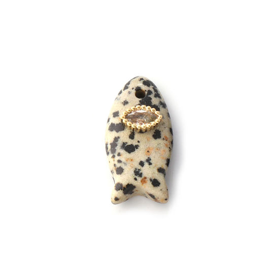 Bild von 1 Stück Natur Gesprenkelter Stein Kalkstein Ozean Schmuck Charms Vergoldet Beigegrau Fisch Fleck Transparent Strassstein 23mm x 12mm