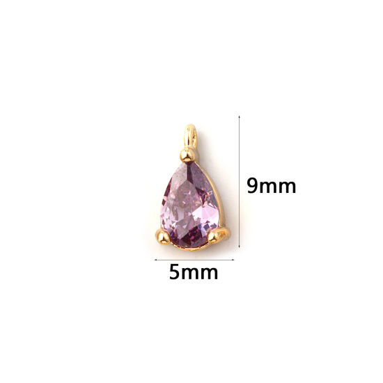 Immagine di 5 Pz Ottone Pietre Nascita Ciondoli Placcato Oro 18K Goccia Febbraio Mini Viola Cubic Zirconiae 9mm x 5mm