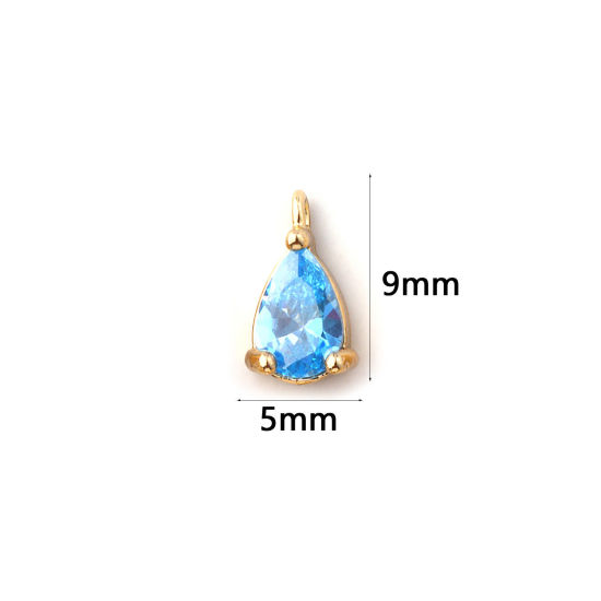 Immagine di 5 Pz Ottone Pietre Nascita Ciondoli Placcato Oro 18K Goccia Marzo Mini Acqua Blu Cubic Zirconiae 9mm x 5mm