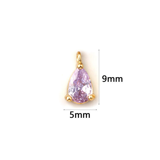 Immagine di 5 Pz Ottone Pietre Nascita Ciondoli Placcato Oro 18K Goccia Giugno Mini Viola Pallido Cubic Zirconiae 9mm x 5mm