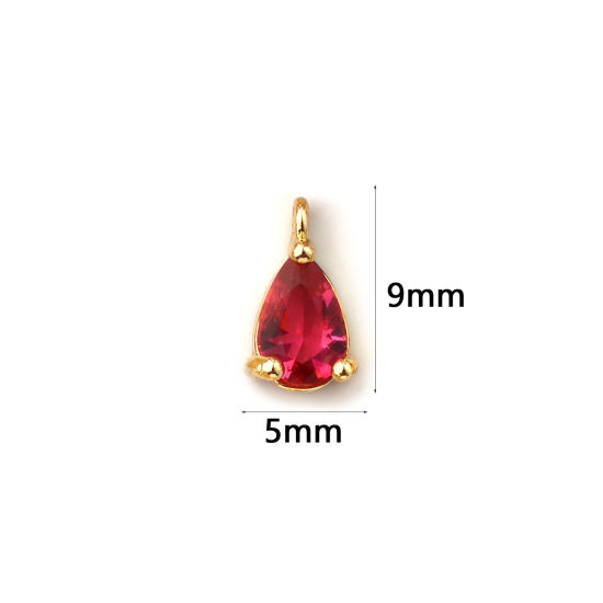 Immagine di 5 Pz Ottone Pietre Nascita Ciondoli Placcato Oro 18K Goccia Luglio Mini Fuscia Cubic Zirconiae 9mm x 5mm